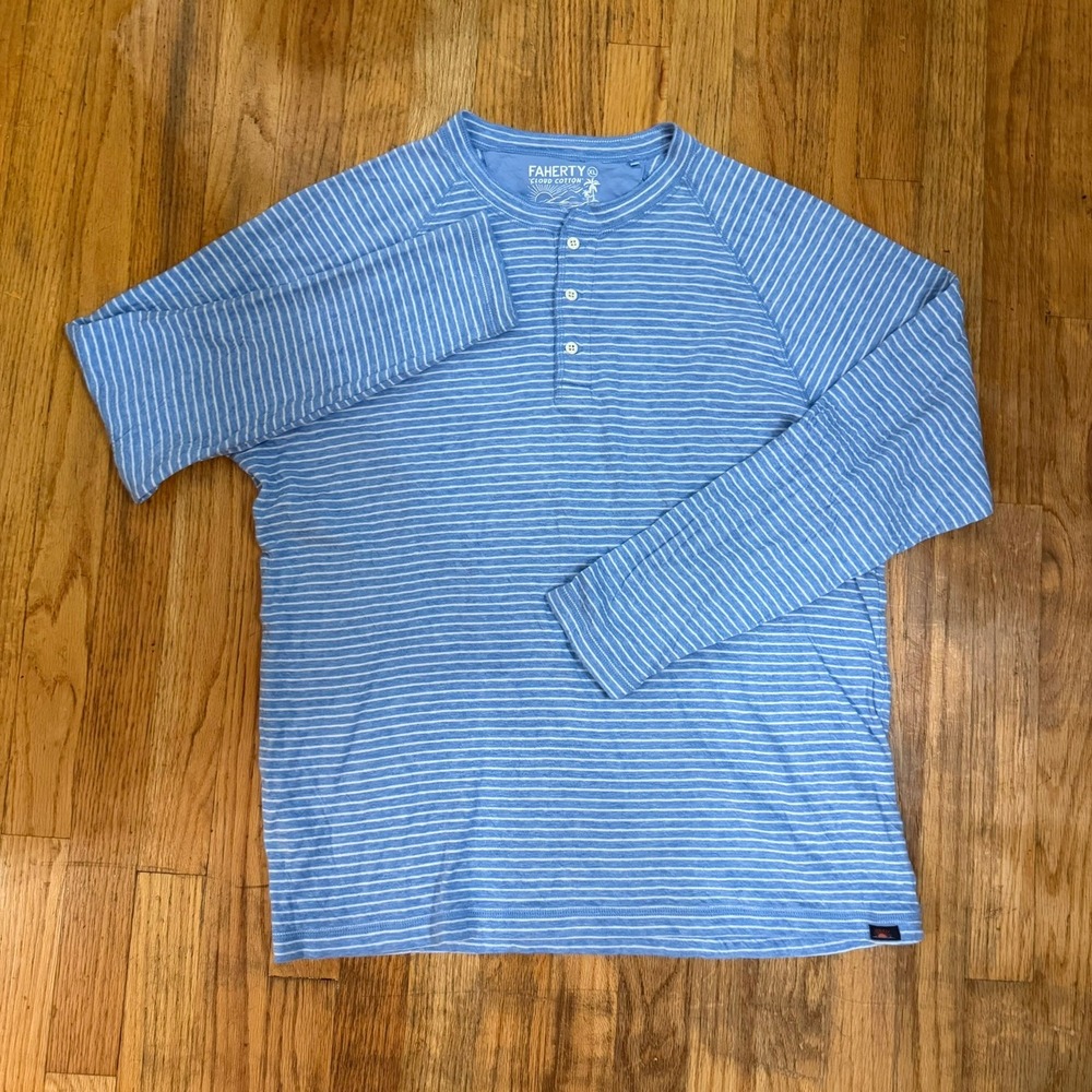 Faherty Cloud Cotton Long Sleeve Henley Mens XL Blue White Stripe Pima FLAW